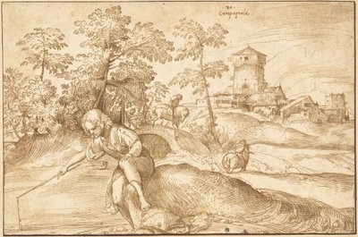 Landscape with a Boy Fishing by Domenico Campagnola