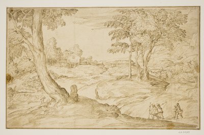 Landscape with Pilgrims Approaching a Church by Domenico Campagnola
