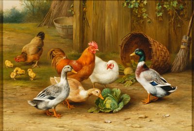 Ducks and Chickens in a Yard by Edgar Hunt
