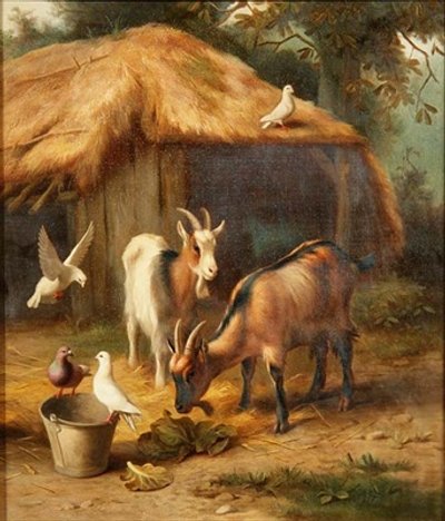 Goats and doves in a farmyard by Edgar Hunt