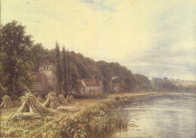 Riverside Village with Figures Fishing by Edmund George Warren