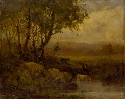 Untitled landscape, riverbank, three cows by Edward Mitchell Bannister