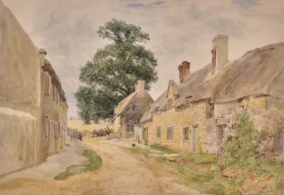 Village scene, street through thatched buildings by Edward Pretty