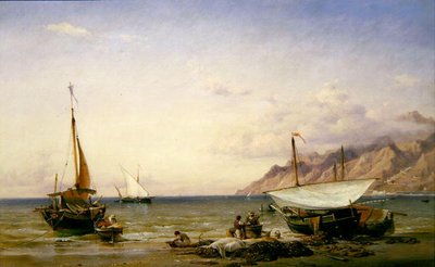 Fishermen maintaining their nets by Edward William Cooke