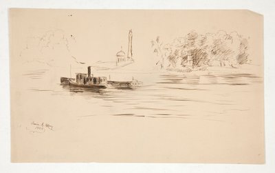 Tugboat Pushing Barge on River by Edwin Austin Abbey