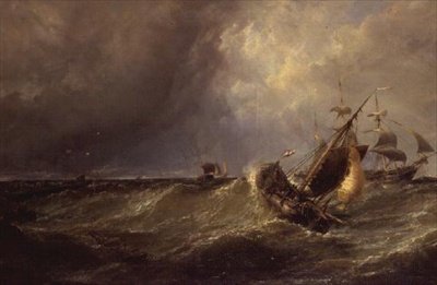 A Dutch Fishing Boat Entering Calais Harbour by Edwin Hayes