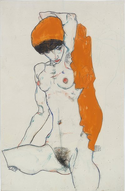 Standing Nude with Orange Cloth. 1914 by Egon Schiele
