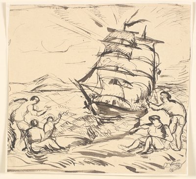 Coastal Landscape with Sailing Ship and Gesticulating Figures by Emile Othon Friesz