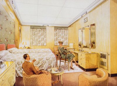 A Bedroom aboard RMS Caronia, c.1950 by English School