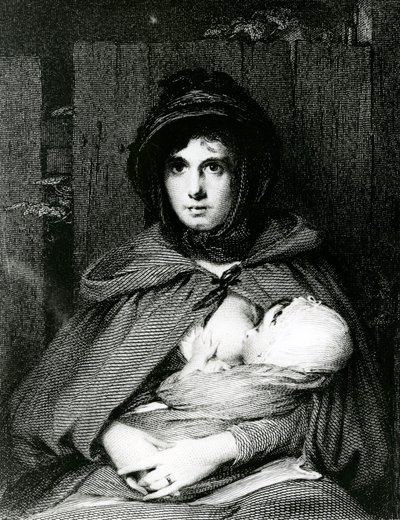 A mother breastfeeding her Baby (engraving) by English School