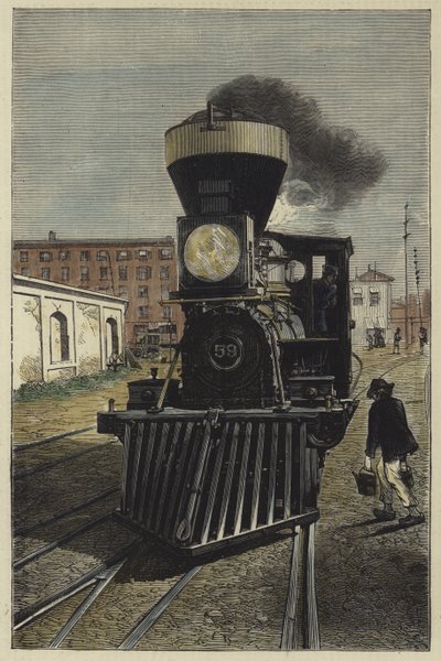 An American locomotive engine and cow catcher by English School