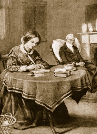 Charlotte Bronte working on Jane Eyre by English School