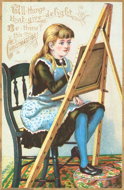 Girl sitting at easel painting by English School