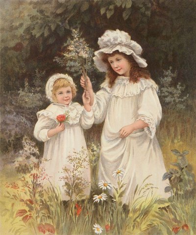 Girls picking flowers in a meadow by English School