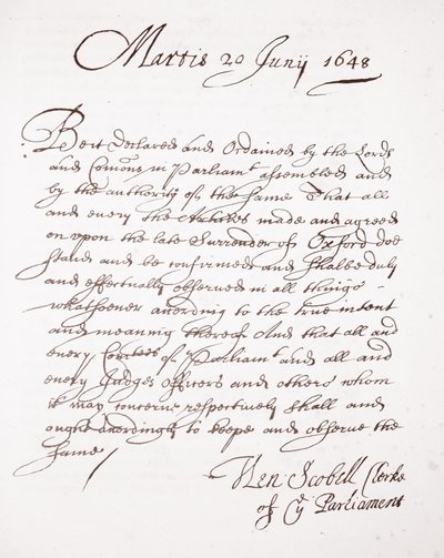 Letter by Henry Scobell, 20th June 1648 by English School