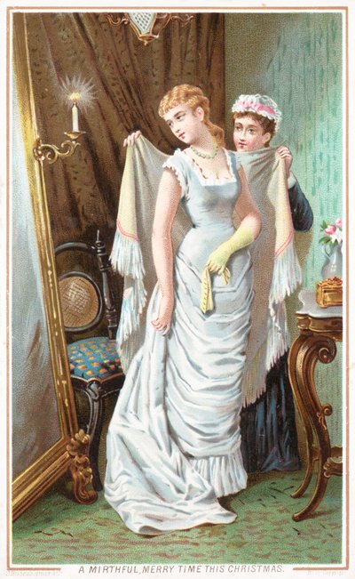 Maid assisting lady to dress by English School