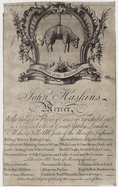 John Haskins Mercer, trade card by English School