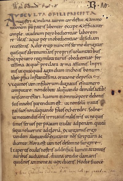 Ms. 197 f.1r Rule of St. Benedict by English School