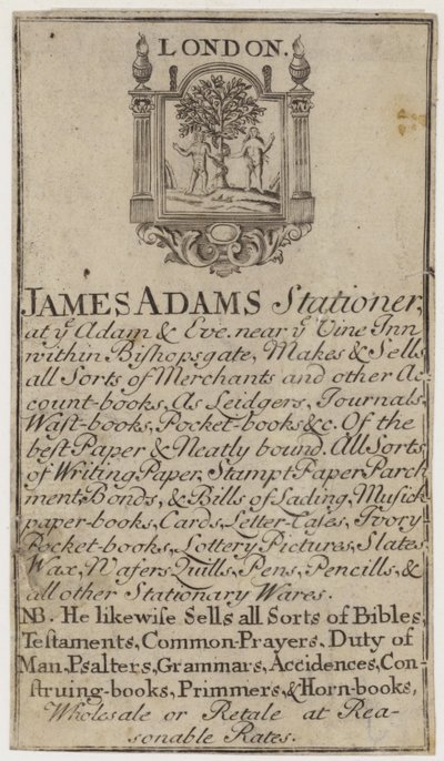 James Adams Stationers, trade card by English School