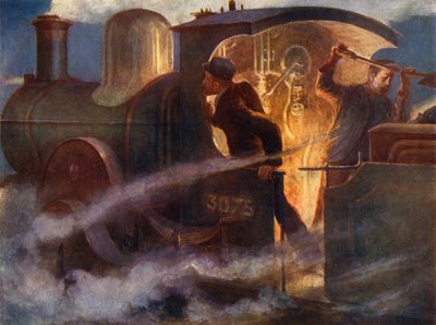 Steam engine at night by English School