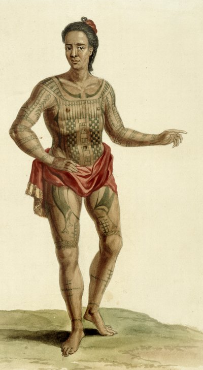 Tattooed Hawaiian warrior, 1824 by English School