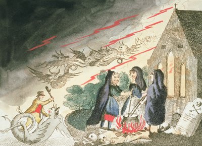 Three Witches in a Graveyard by English School
