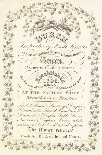 Trade Card, Burch by English School