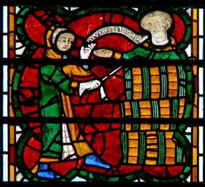 Window depicting a wine merchant by English School