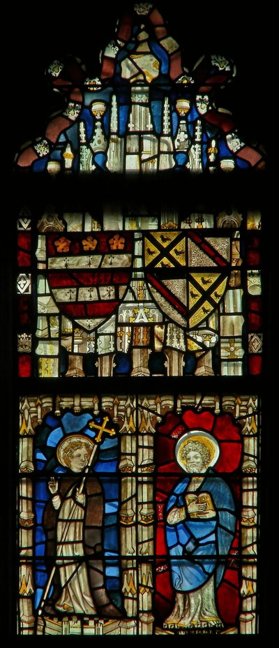 Window depicting two saints and heraldic shields by English School