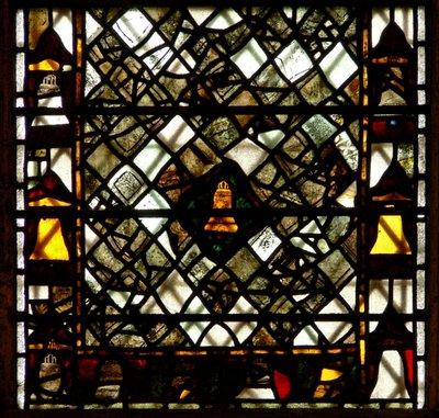 Window w41 depicting a bell and grisaille by English School