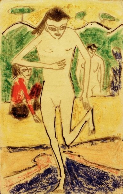 Fränzi in Front of Wall Hanging by Ernst Ludwig Kirchner