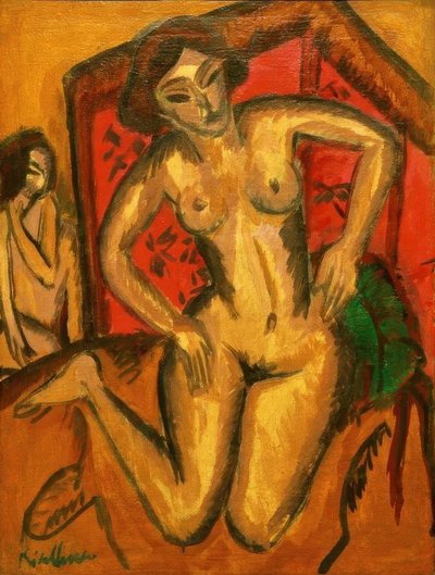 Kneeling Nude Girl in Front of Red Screen by Ernst Ludwig Kirchner