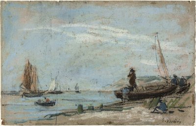 Beach with Fishing Boats and Charcoal by Eugene Louis Boudin