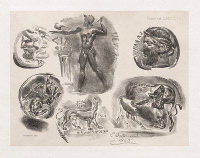 Sheet of Six Antique Coins by Eugène Delacroix