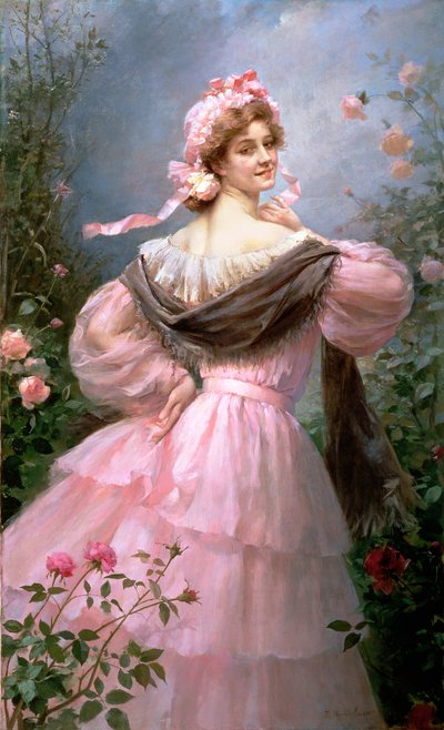 Elegant Woman in a Rose Garden by Felix Hippolyte Lucas