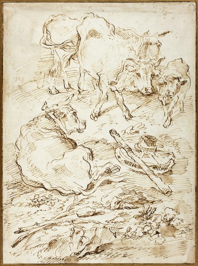Cattle Beside Cart Wheel by Francesco Castiglione