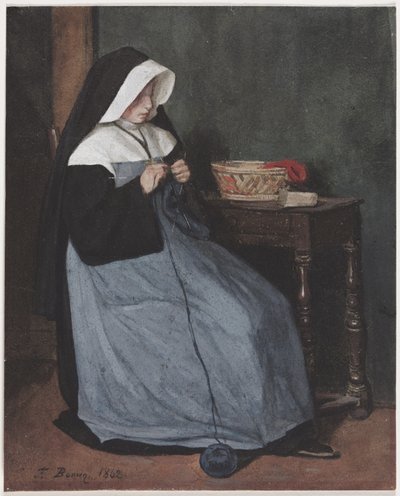 A Nun Seated at a Table Knitting by François Bonvin