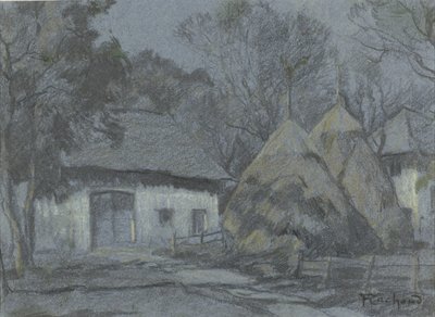 Haystacks by a Farmhouse in Moonlight by François Cachoud