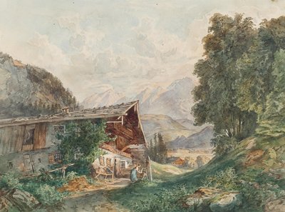 Alpine Landscape with Farmhouse and Woman at the Well by Franz Barbarini