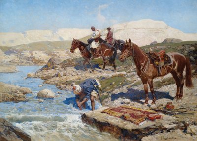 Cherkessian Horseman Crossing the River by Franz Roubaud