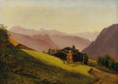 Mountain Landscape with Alpine Huts and Haymaking Farmers by Franz Wipplinger