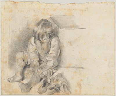 Seated Boy Putting on His Sock by Franz von Lenbach