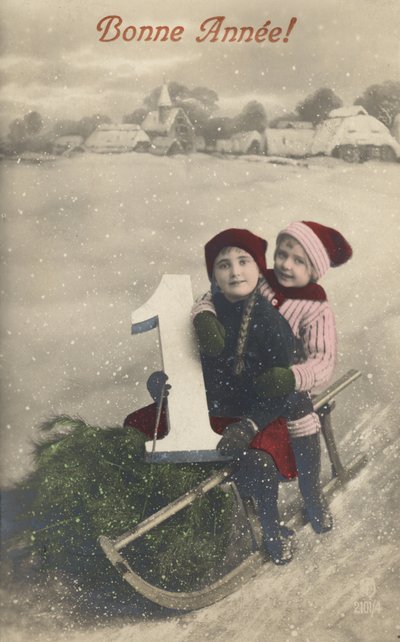 Children on a toboggan by French Photographer