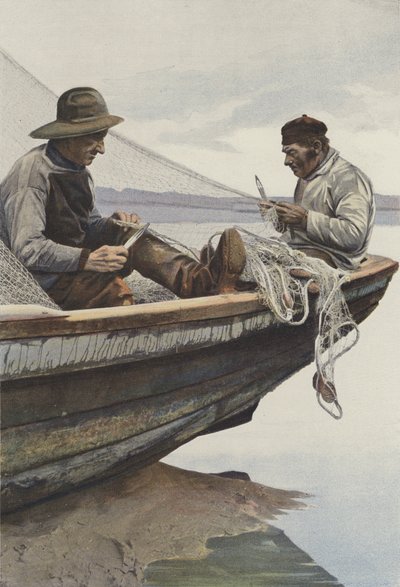 On the Canche, Fishermen Mending Their Nets by French Photographer