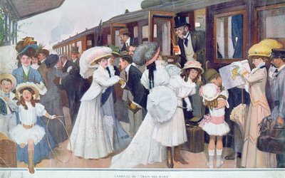 Arrival of the husbands by train, 1908 by French School