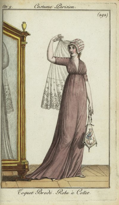 Fashionable woman in embroidered toquet hat by French School