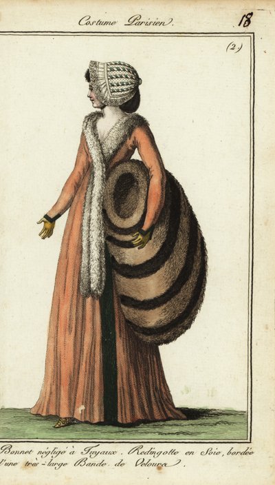 Fashionable woman with huge fur muff by French School