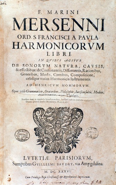 Frontispiece of Harmonie universelle by Marin Mersenne by French School