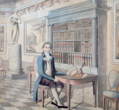 Gentleman reading in his library by French School