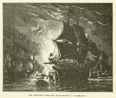 The English Fire Ships Attacking the Armada (engraving) by French School